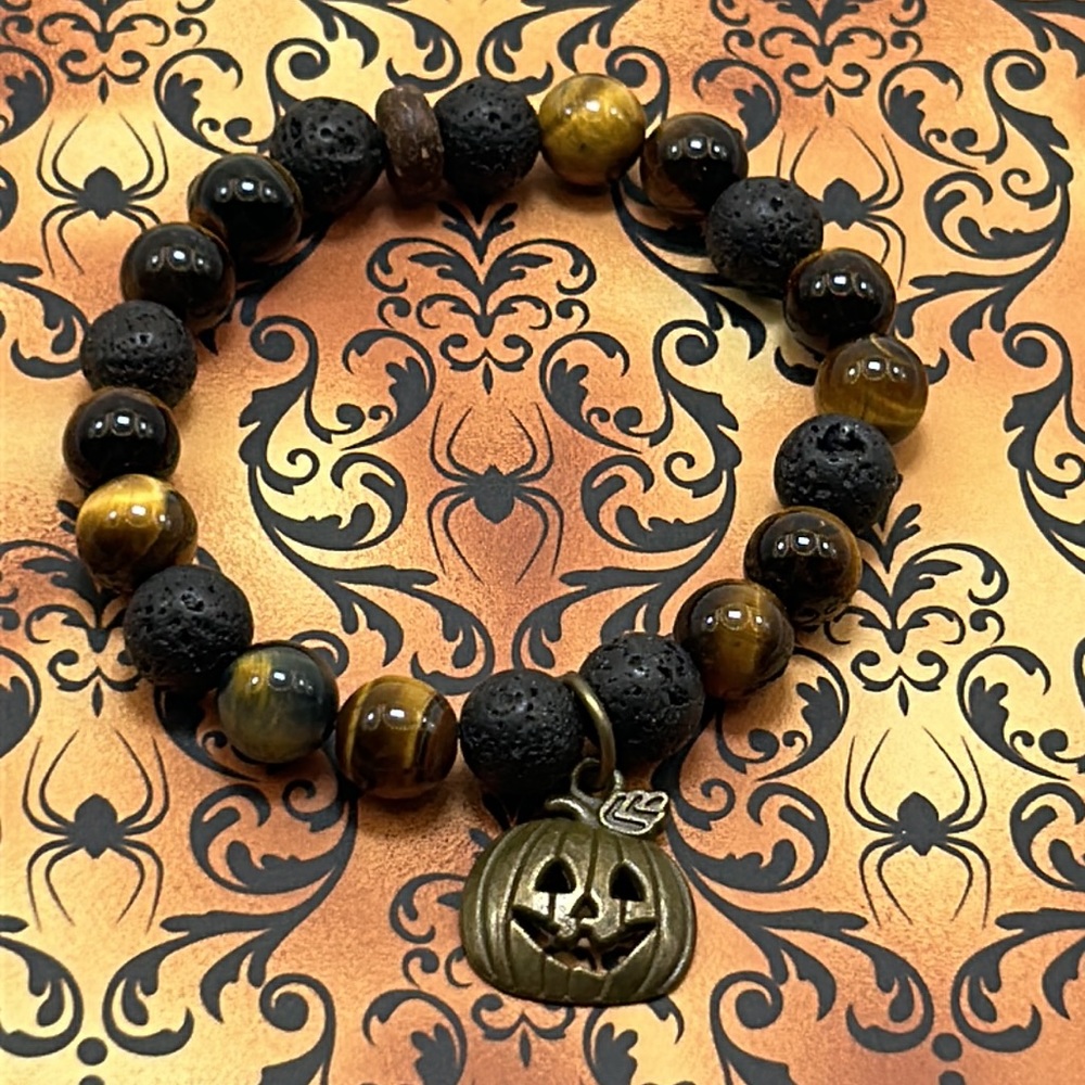 Handmade Halloween Pumpkin Charm Bracelet with Natural Tiger Eye & Lava Rock!